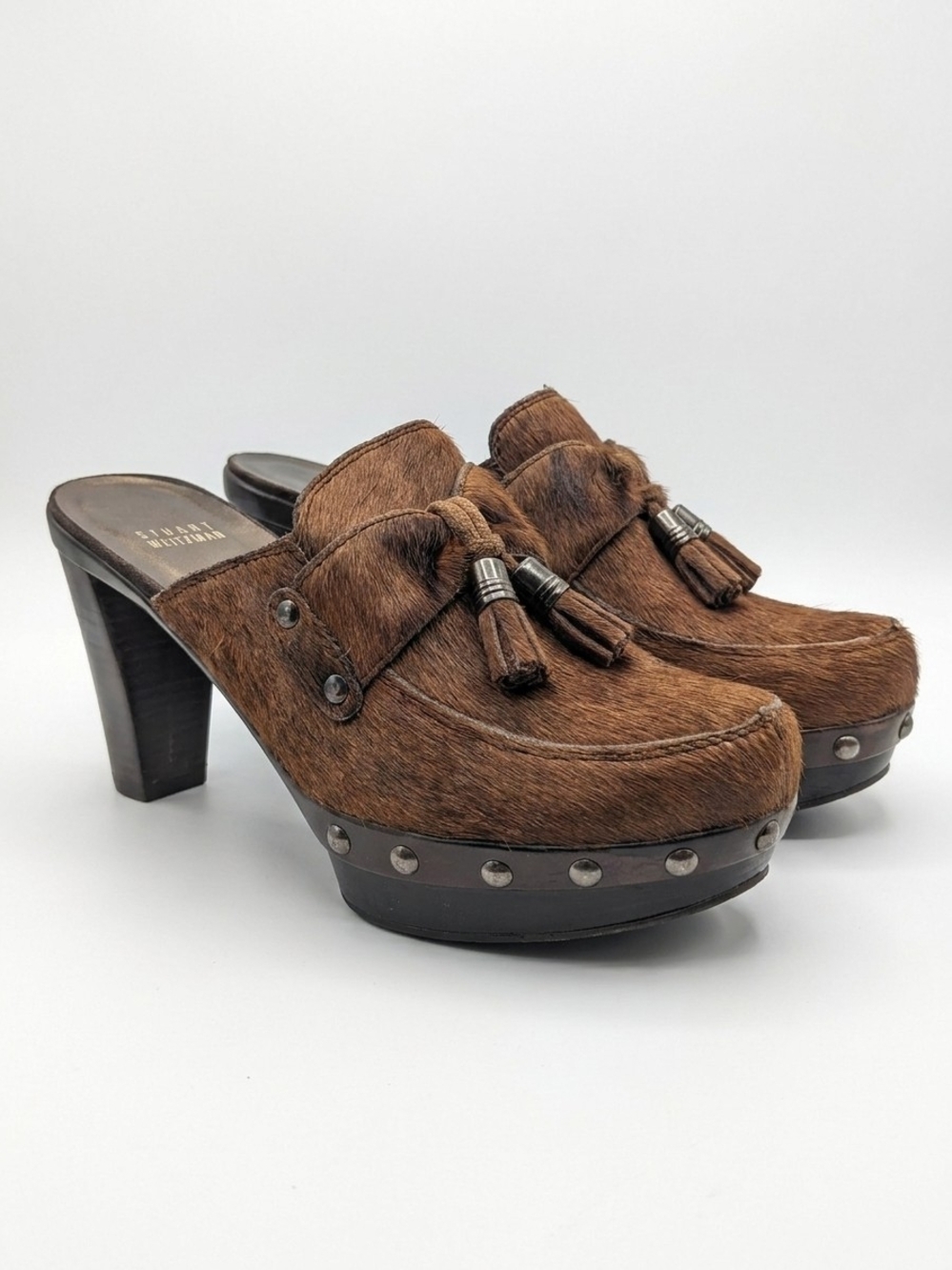 Stuart Weitzman Brown Calf Hair Platform Tassel Clogs Heels Size 8